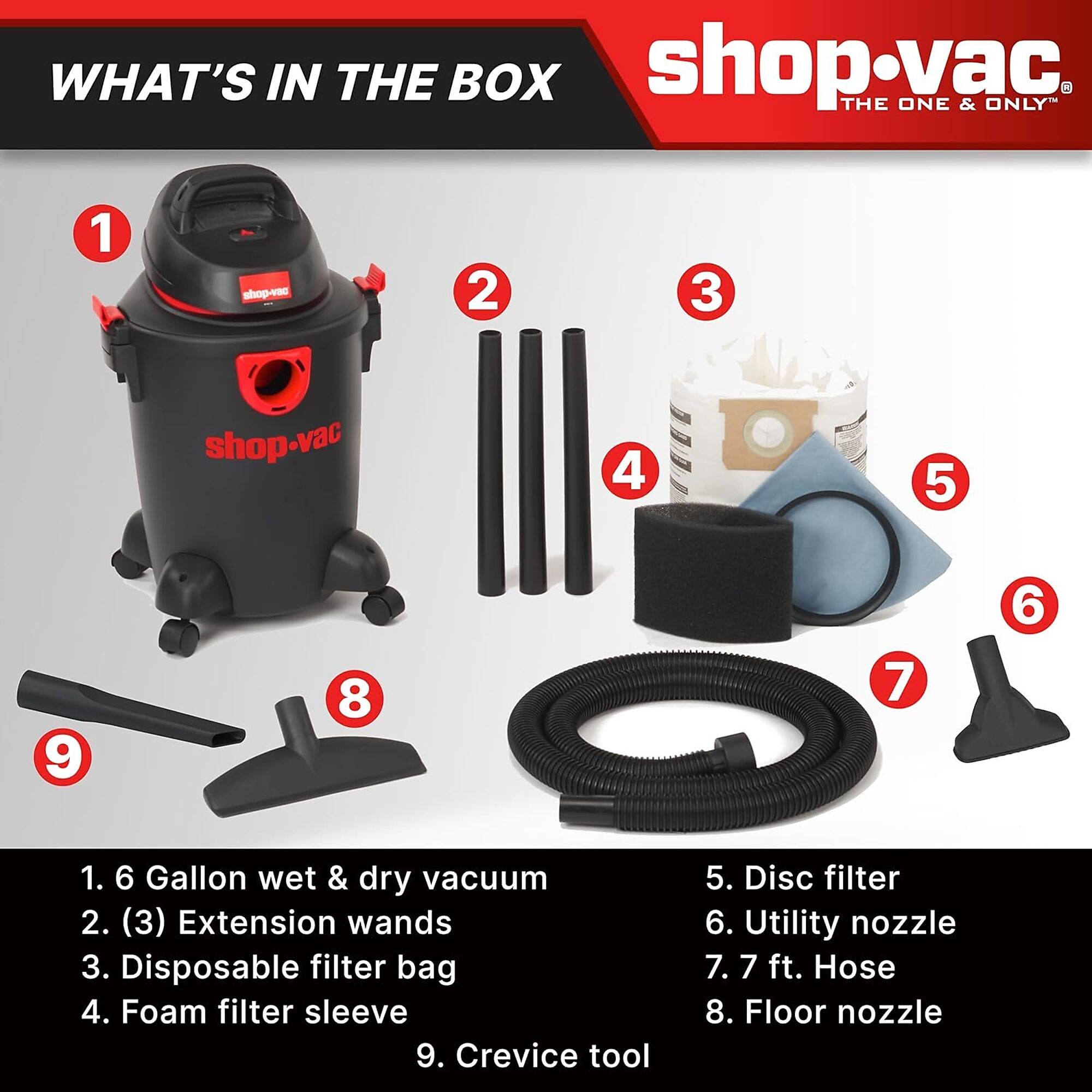 The Shop-Vac® 6 Gallon 3.5 Peak HP Wet/Dry Vac 5985005 gives you the power to take the work out of cleaning.